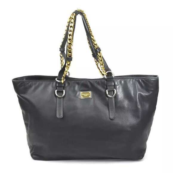 Auth DOLCE&GABBANA Chain Handbag Black/Gold Leather/Metal - Picture 2 of 14